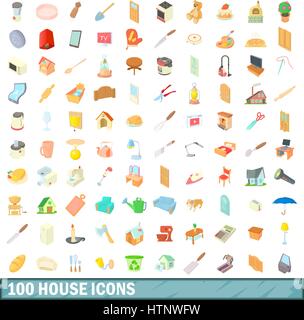 100 house icons set, cartoon style Stock Vector