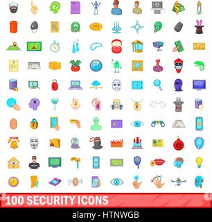 100 security icons set, cartoon style Stock Vector