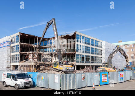 West Bridgford, Nottinghamshire, UK. 13th March 2017. Demolition of Nottinghamshire County Council's CLASP office block next to County Hall in West Bridgford has begun. Demolition of the 1960s CLASP (Consortium of Local Authority Special Projects) building is expected to save around £178,000 a year in running costs. Photo Credit: Martyn Williams/Alamy Live News Stock Photo