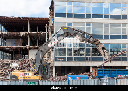 West Bridgford, Nottinghamshire, UK. 13th March 2017. Demolition of Nottinghamshire County Council's CLASP office block next to County Hall in West Bridgford has begun. Demolition of the 1960s CLASP (Consortium of Local Authority Special Projects) building is expected to save around £178,000 a year in running costs. Photo Credit: Martyn Williams/Alamy Live News Stock Photo