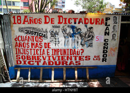 La Paz, Bolivia, 13th March 2017. A mural on the wall of the camp set up by victims of Bolivia's military dictatorships opposite the Justice Ministry building. Today the victims commemorate 5 years of protests demanding justice and compensation for those that suffered, and that the government releases files from the period to help establish the truth about what happened. Credit: James Brunker/Alamy Live News Stock Photo