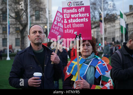 London, UK. 13th Mar, 2017. Hundreds of protestors protest in Parliament Square to defend EU migrants Right to Remain in the UK. During Commons will vote on a Labour amendment to the Article 50 bill to guarantee the right of EU citizens to remain in the UK post-Brexit. by See Li Credit: See Li/Alamy Live News Stock Photo
