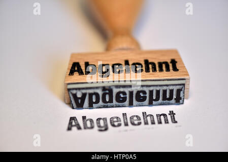 Potsdam, Germany. 10th Mar, 2017. ILLUSTRATION - A stamp reading 'Abgelehnt' (lit. 'Denied'), photographed in Potsdam, Germany, 10 March 2017. Photo: Ralf Hirschberger/dpa-Zentralbild/dpa/Alamy Live News Stock Photo