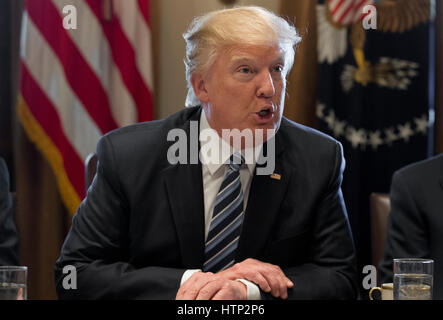 U.S. President Donald Trump with members of his administration delivers ...