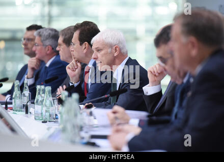 Wolfsburg, Germany. 14th Mar, 2017. Matthias Mueller, CEO of Volkswagen AG speaks at the yearly press conference for Volkswagen AG in the company headquarters in Wolfsburg, Germany, 14 March 2017. Photo: Rainer Jensen/dpa/Alamy Live News Stock Photo