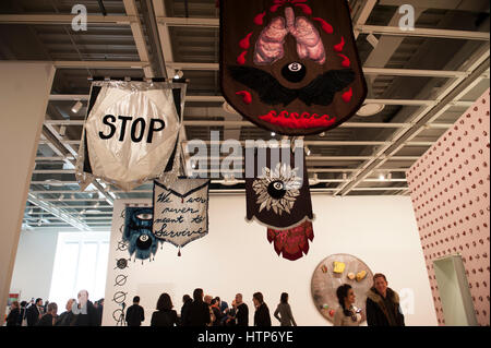 New York, USA. 13th Mar, 2017. Fueled by anger and angst over recent political events and economics, the 2017 Whitney Biennial surveying the current state of American art opens to the public on March 17 and runs through June 11. Showcasing the work of 63 artists, this biennial is the first to be held in the Whitney Museum of American Art's home in the Meatpacking District of Manhattan. More gallery space has been devoted to this exhibition than was ever before possible since the first Whitney Biennial, which was held in 1932. Credit: Terese Loeb Kreuzer/Alamy Live News Stock Photo