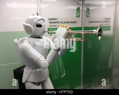 London, UK. 14th Mar, 2017. A trumpet playing robot, one of the exhibits in the special exhibition at the London Science Museum exploring the 500- year story of humanoid robots. Credit: John Eveson/Alamy Live News Stock Photo