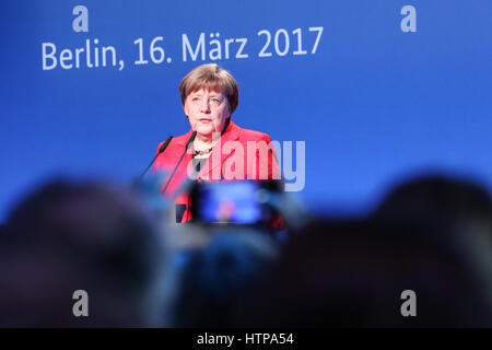 Berlin, Germany. 16th Mar, 2017. German Chancellor Angela Merkel delivers a speech during the Demography Summit of German Federal Government 2017 in Berlin, capital of Germany, on March 16, 2017. Credit: Shan Yuqi/Xinhua/Alamy Live News Stock Photo