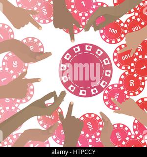 HANDS AND HOLD showing chips red casino chips. On a white background. Illustration for your design. Stock Vector