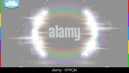 Abstract luxury white vector light flare semicircle and spark light effect. Glowing brackets frame on transparent. Rainbow moving background. Glow Stock Vector