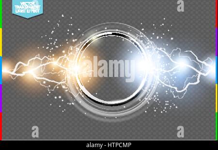 Abstract metal chrome ring power science transparent background. Electric shine round tech frame, energy lightning. Light effect with sparks Stock Vector