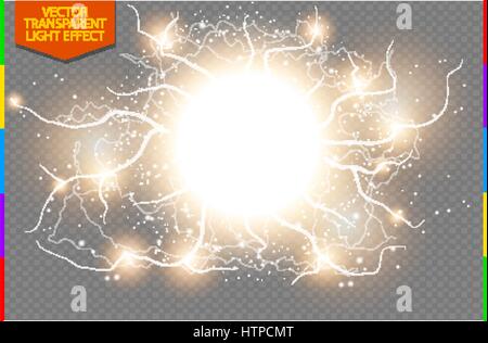 Golden abstract energy shock explosion special light effect with spark. Vector glow power lightning cluster. Electric discharge on transparent Stock Vector