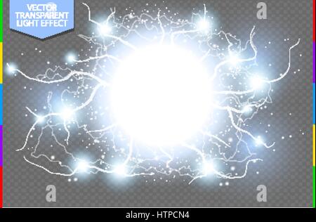 Golden abstract energy shock explosion special light effect with spark. Vector glow power lightning cluster. Electric discharge on transparent Stock Vector