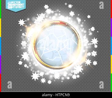 Abstract luxury chrome metal ring with white glass ball. Vector light circles, snowflakes and spark light effect. Sparkling glowing round frame Stock Vector