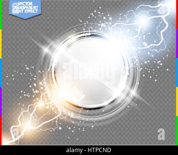 Abstract metal chrome ring power science transparent background. Electric shine round tech frame white space, energy lightning. Light effect Stock Vector