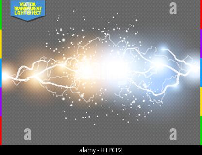 Vector blue and yellow electric lightning bolt. Energy effect illustration. Bright light flare and sparks transparent background. Hot and cold power Stock Vector
