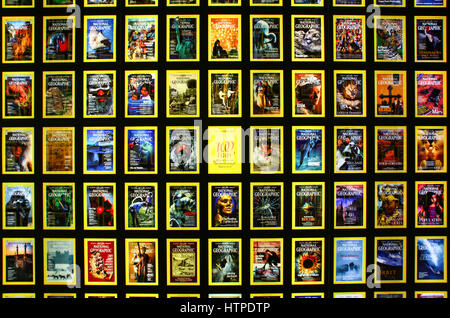 Washington DC, USA - April 29 2014: Collection of National Geographic magazine covers in National Geographic Museum. Stock Photo