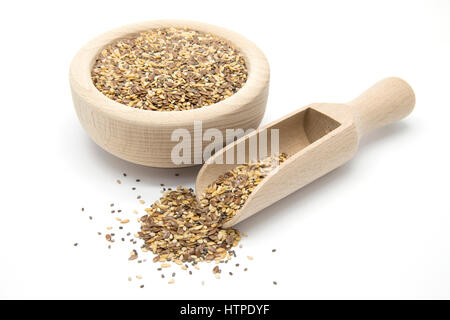 Flax, chia and sesame seeds in wooden scoop and bowl on white isolated background Stock Photo