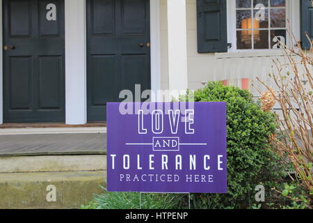Yard Sign Love and Tolerance Practiced Here Stock Photo
