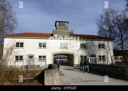 Dachau, concentration camp: Jourhaus (SS offices) with main camp gate, Oberbayern, Upper Bavaria, Bayern, Bavaria, Germany Stock Photo
