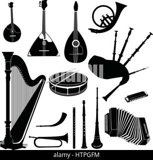 Music instruments vector set. Musical instrument silhouette on white background. Stock Vector