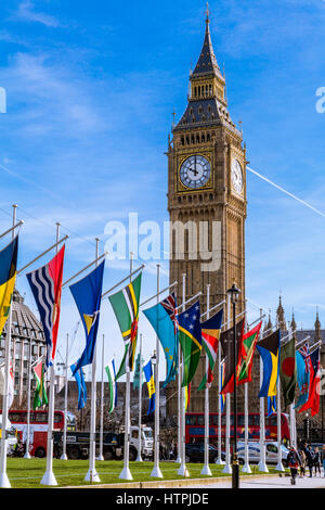 Commonwealth flags in Parliament Square with Big Ben in the background, London, England Stock Photo