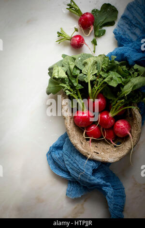 Baby radish in a clay ceramic basket on a white marble background Stock Photo