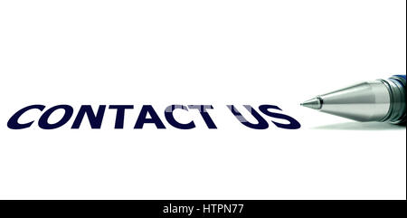 Contact Us Note Text, Blue Ball Pen, Isolated Macro Closeup Concept Stock Photo