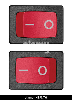 Red power switches at ON and OF position, isolated on white background ...