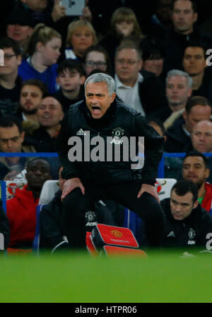 Manchester United manager José Mourinho gestures to his players during the FA Cup match between Chelsea and Manchester United at Stamford Bridge in London. March 13, 2017. *** EDITORIAL USE ONLY *** FA Premier League and Football League images are subject to DataCo Licence see www.football-dataco.com Stock Photo