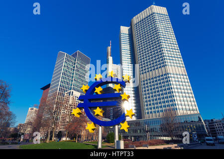 Business and finance concept with giant Euro sign at European Central Bank headquarters in the morning, business district in Frankfurt am Main, German Stock Photo