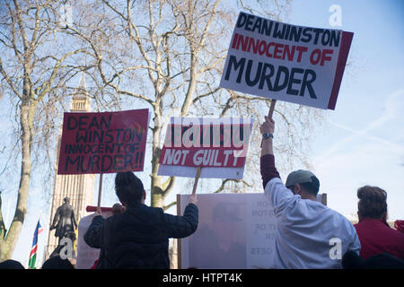 London, UK. 13th Mar, 2017. Demonstrators outside The Supreme Court to ask for justice for Alex Henry. In March 2014 Alex Henry was convicted of murder under joint enterprise - his mother, Sally Halsall, has spent 18 months fighting what she sees as an unjust law. Credit: Alberto Pezzali/Pacific Press/Alamy Live News Stock Photo