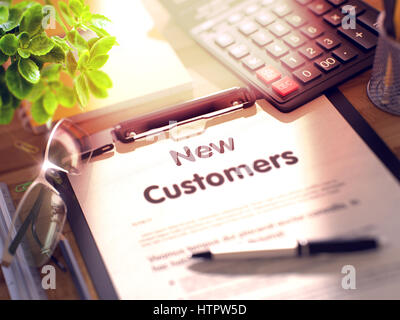 New Customers - Text on Clipboard. 3D. Stock Photo