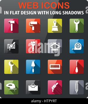 work tools icons set in flat design with long shadow Stock Vector