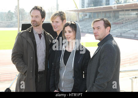 Dortmund, Germany. 13th Mar, 2017. Joerg Hartmann, Anna Schudt, Aylin Tezel and Thomas Arnold during a photocall on set of the WDR Tatort Tollwut'. Credit: Maik Boenisch/Pacific Press/Alamy Live News Stock Photo