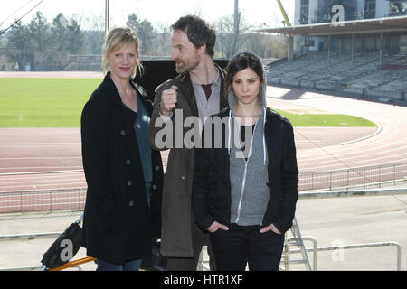 Dortmund, Germany. 13th Mar, 2017. Anna Schudt, Joerg Hartmann and Aylin Tezel during a photocall on set of the WDR Tatort Tollwut'. Credit: Maik Boenisch/Pacific Press/Alamy Live News Stock Photo