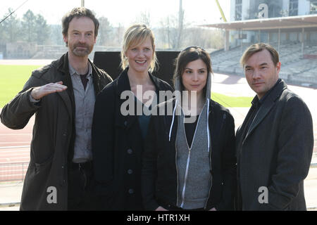 Dortmund, Germany. 13th Mar, 2017. Joerg Hartmann, Anna Schudt, Aylin Tezel and Thomas Arnold during a photocall on set of the WDR Tatort Tollwut'. Credit: Maik Boenisch/Pacific Press/Alamy Live News Stock Photo