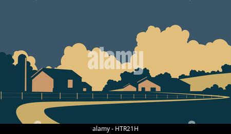 Vector illustration of a rural farm in rolling hills Stock Vector