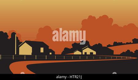 Vector illustration of a rural farm in rolling hills Stock Vector