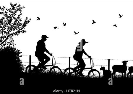 Editable vector silhouette of a couple cycling together in the countryside with people, bicycles and sheep as separate objects Stock Vector
