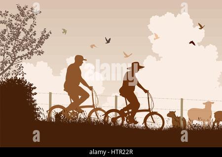 Editable vector silhouette of a couple cycling together in the countryside Stock Vector