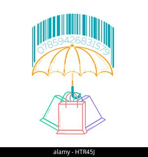 concept of consumer protection, in the form of an umbrella sheltering packages from the rain with bar codes. Icon in the linear style Stock Vector