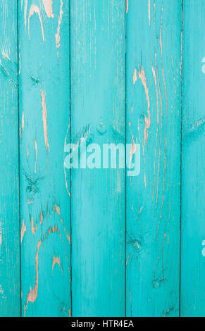 vertically located colored distressed turquoise paint boards, old fence Stock Photo
