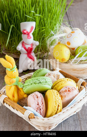 Easter composition of the macaroon, birds and grass Stock Photo