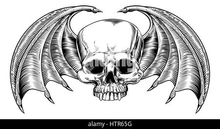 A skull and bat or dragon wings drawn in a vintage retro woodcut etched or engraved style Stock Photo