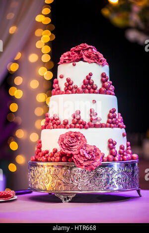 Beautiful wedding cake decorated with red edible flowers and berry, lying on silver tray Stock Photo