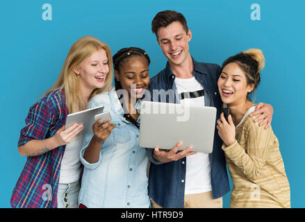 Friends Using Tablet Technology Phone Stock Photo
