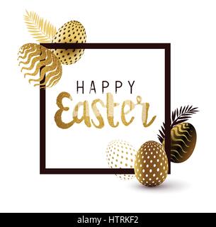 Easter Frame design with gold lettering and gold easter egg patterns. Vector illustration Stock Vector