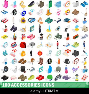 100 accessories icons set, isometric 3d style Stock Vector