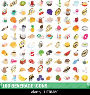 100 beverage icons set, isometric 3d style Stock Vector
